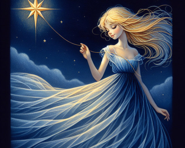 Whimsical Illustration of a Figure in a Blue Dress