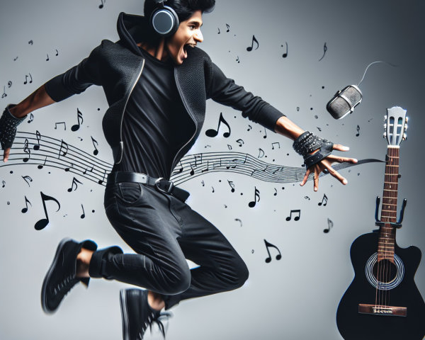 Young man in black outfit with musical elements