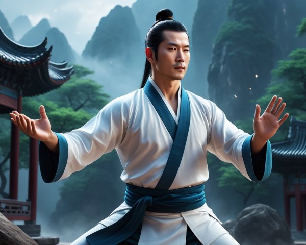 Martial Artist in Tranquil Landscape with Mountains