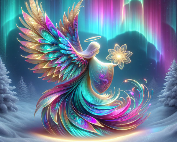 Ethereal Angel in Snowy Landscape with Auroras