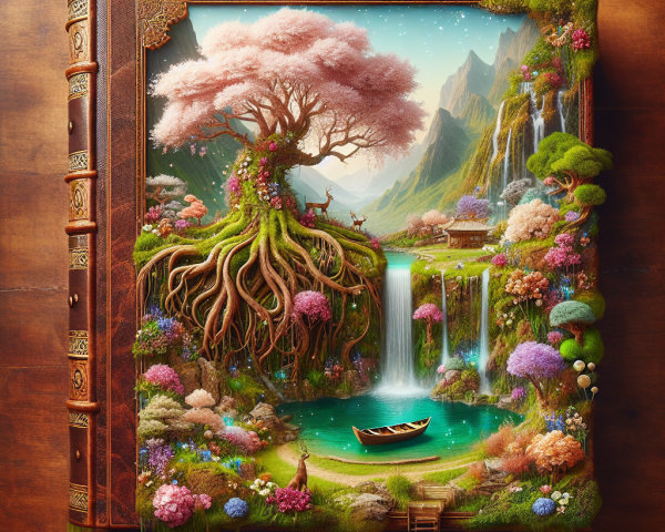Fantasy Landscape with Cherry Blossom and Deer