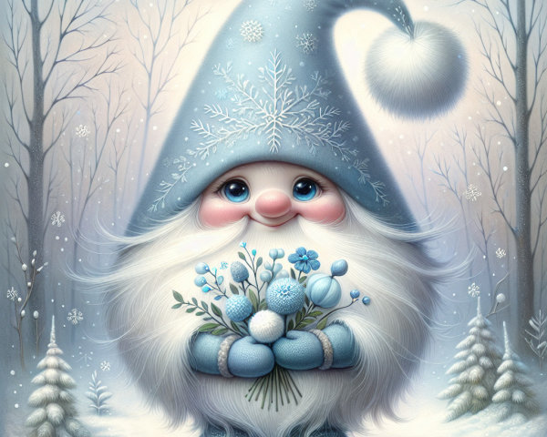 Whimsical Winter Gnome in Snowy Landscape with Flowers