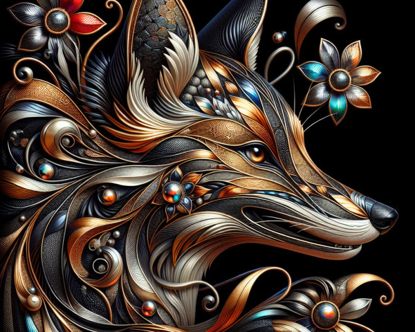 Intricately Designed Fox Head with Metallic Hues