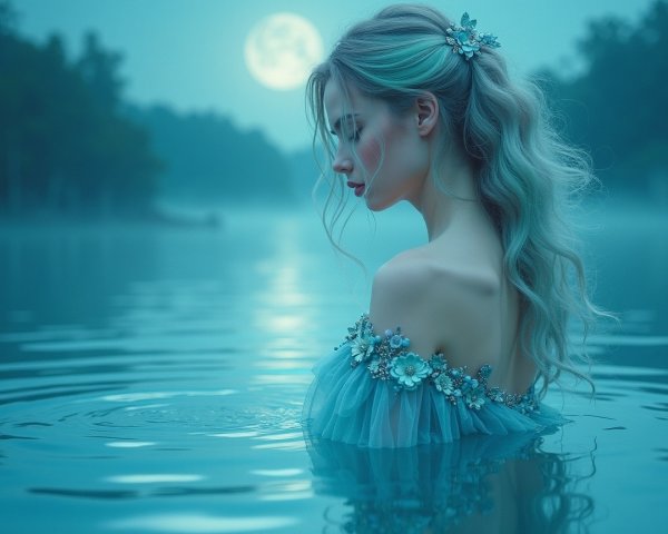 Young Woman in Dreamlike Scene by Reflective Water