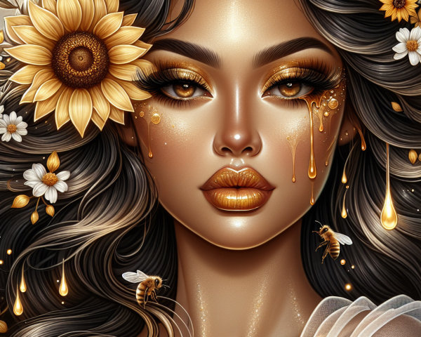 Portrait of a woman with flowers and golden accents