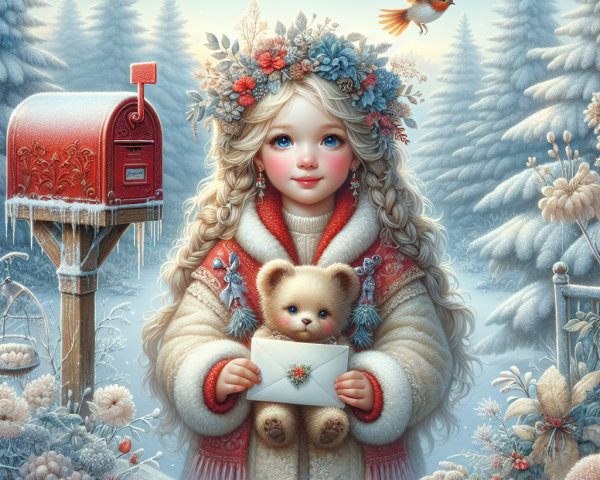 Winter Landscape with Girl, Teddy Bear, and Mailbox