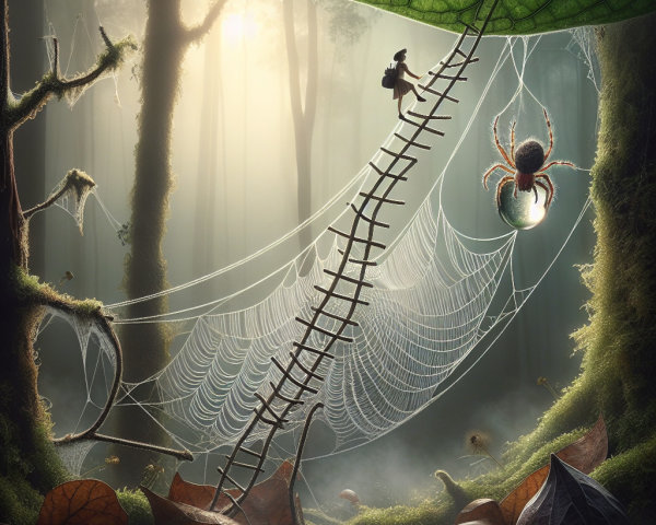 Mystical Forest Scene with Spider Web and Ladder