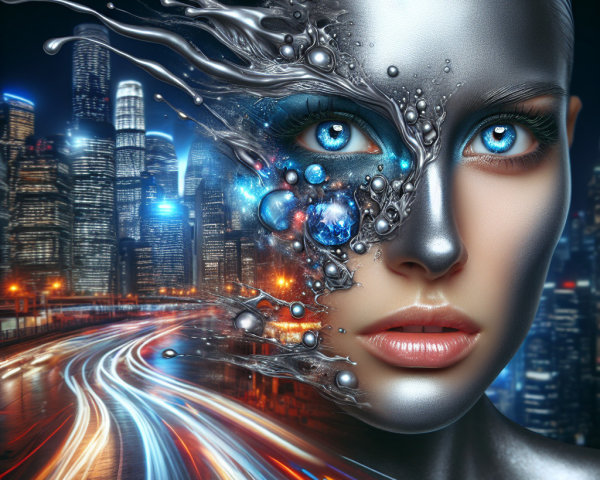 Futuristic Woman with Metallic Face in Vibrant Cityscape