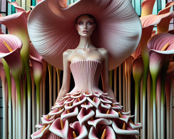 Fashion Model in Floral-Inspired Gown with Calla Lilies