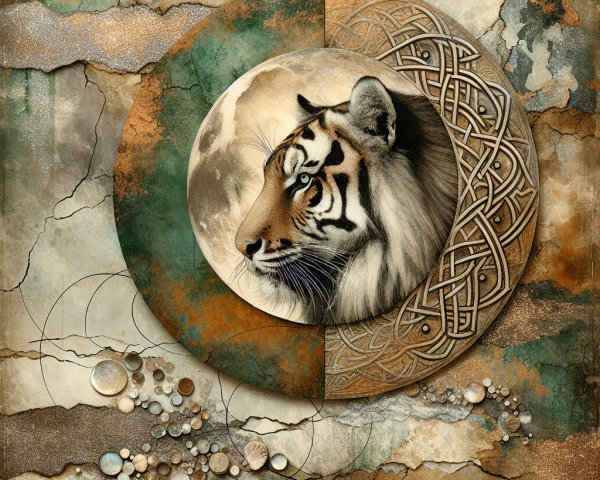 Stylized Tiger Head with Celtic Patterns and Earthy Tones