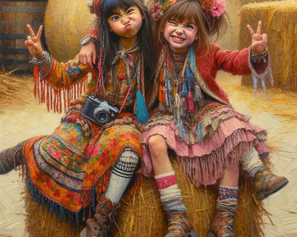 Playful Moment of Two Girls on a Haystack