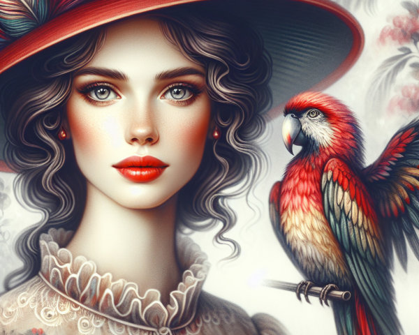 Portrait of a Young Woman with Vibrant Hat and Parrot