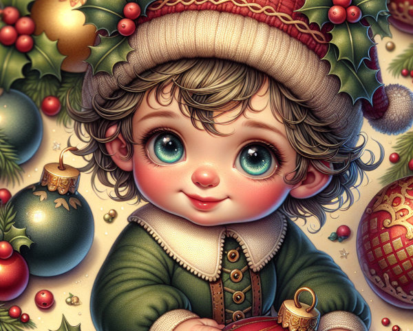 Whimsical Illustration of a Joyful Child in Christmas Decor