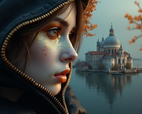 Young Woman with Gold Accents in Dreamlike Setting