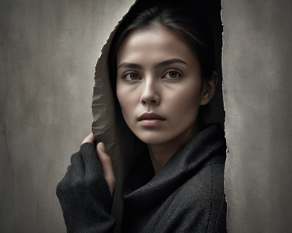 Young woman in turtleneck by torn gray wall