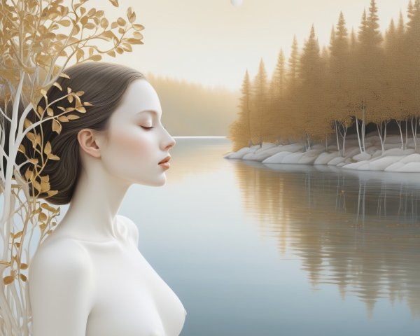Portrait of a woman by a tranquil river landscape