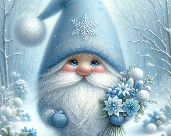 Whimsical Winter Gnome in Snowy Landscape Setting