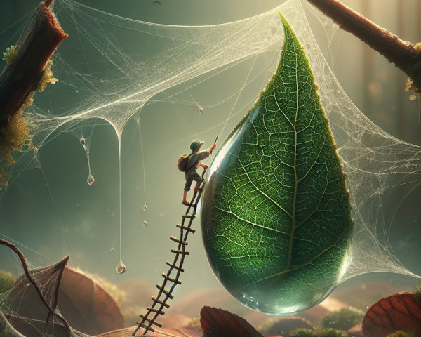 Tiny Figure Climbing Ladder to Large Dewdrop Scene