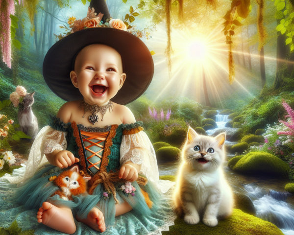 Baby Witch on Mossy Stone in Vibrant Forest Setting