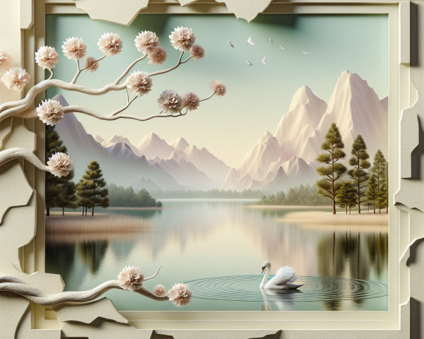 Tranquil Lake Surrounded by Mountains and Cherry Blossoms