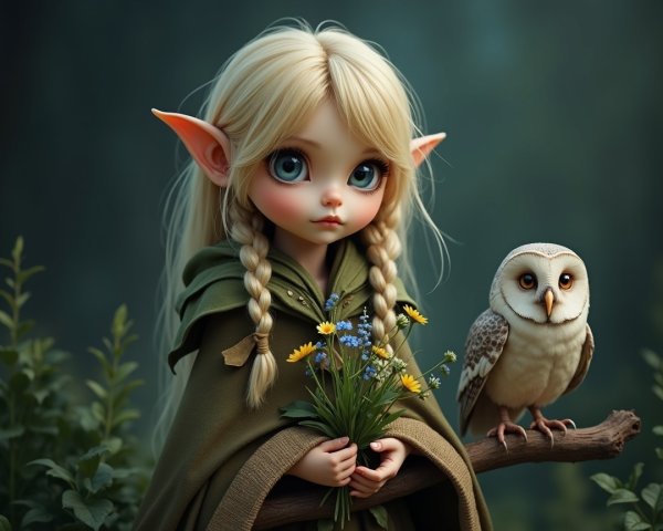 Whimsical Elf in Lush Forest with Owl and Flowers