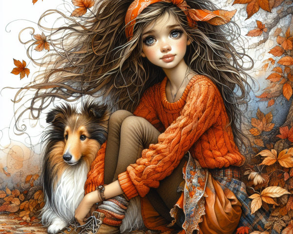 Girl in orange sweater with collie in autumn leaves