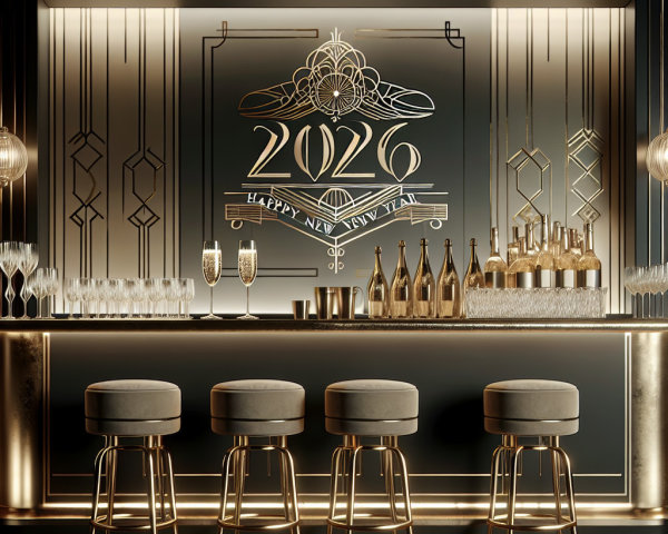 Dimly Lit Bar with Golden Accents and New Year Theme