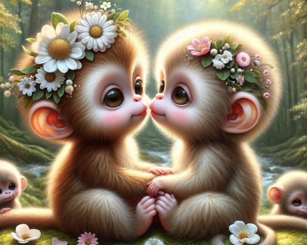 Baby monkeys in flower crowns in a serene forest