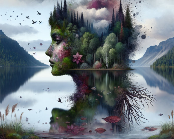 Goddess Face in Tranquil Lake with Forest Elements