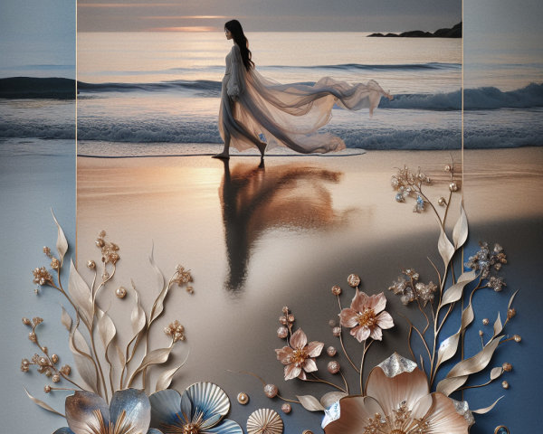 Serene Beach Scene at Sunset with Flowing Dress