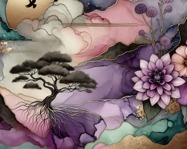 Abstract Alcohol Ink Landscape with Vibrant Colors