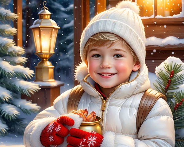 Cheerful boy in winter wonderland with festive treats