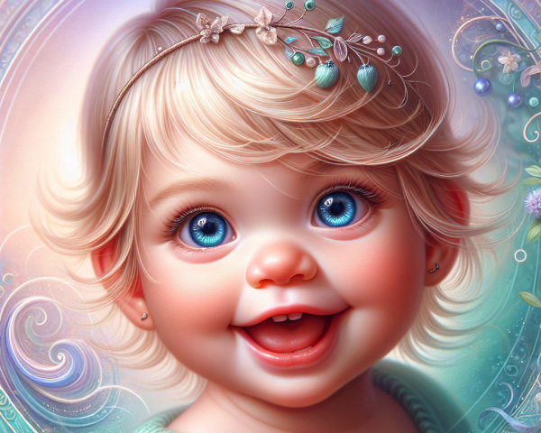 Joyful Baby with Blue Eyes and Floral Headband
