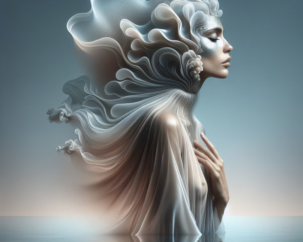 Serene Figure in Flowing Fabrics Above Calm Water