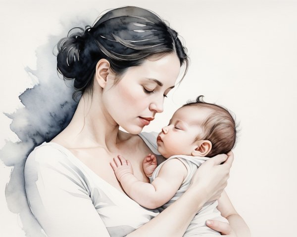 Tender Watercolor of Mother and Sleeping Baby
