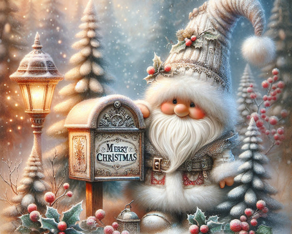 Whimsical Christmas Scene with Gnome and Decorated Mailbox