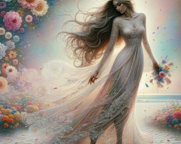 Ethereal Figure by the Shore in Flowing Gown