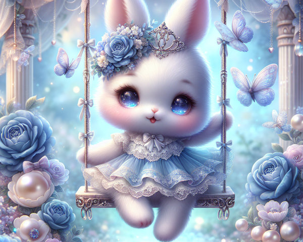 Fluffy White Bunny on Swing with Flowers and Butterflies