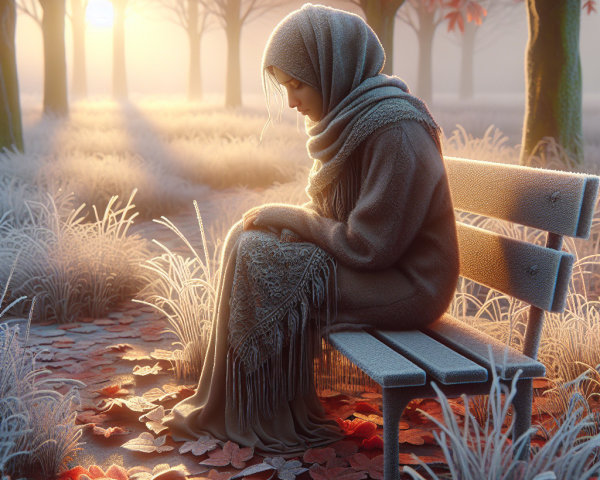 Serene Frosty Landscape with Young Woman and Autumn Leaves