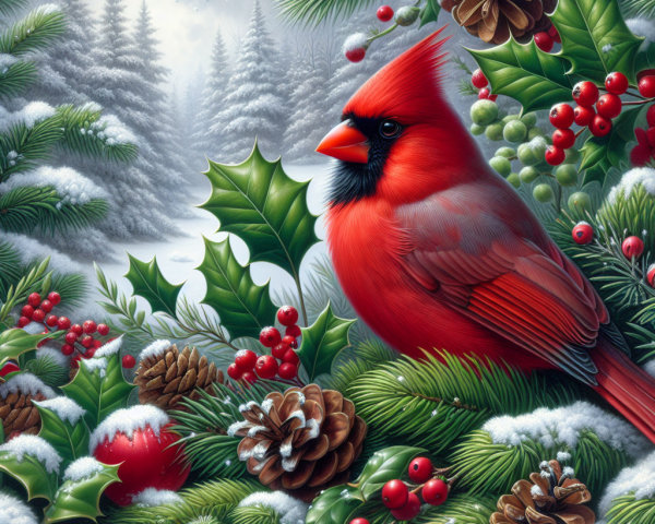 Red Cardinal in a Snowy Winter Landscape with Pine