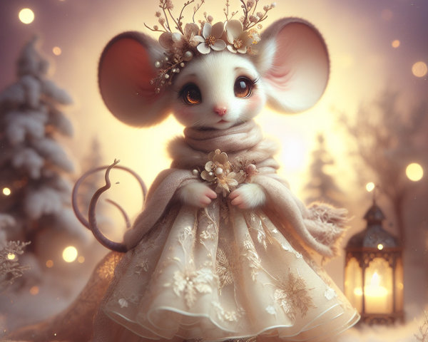 Anthropomorphic Mouse in Elegant Gown in Snowy Scene