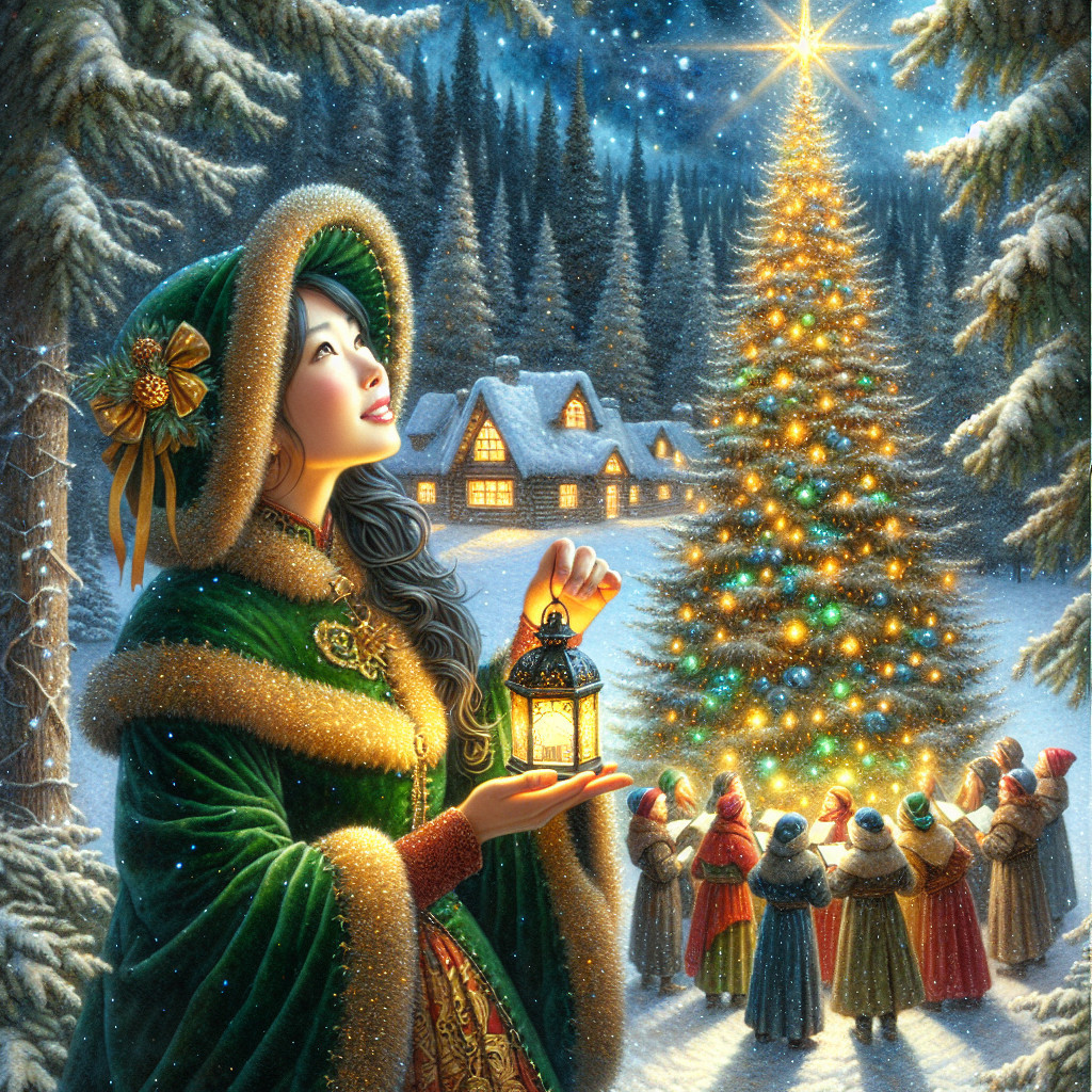 Woman in Winter Cloak in Snowy Holiday Scene