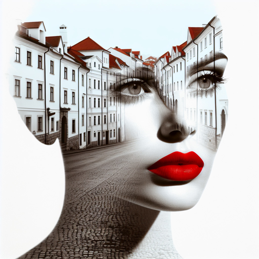 Double Exposure of Woman's Face and Urban Street Scene