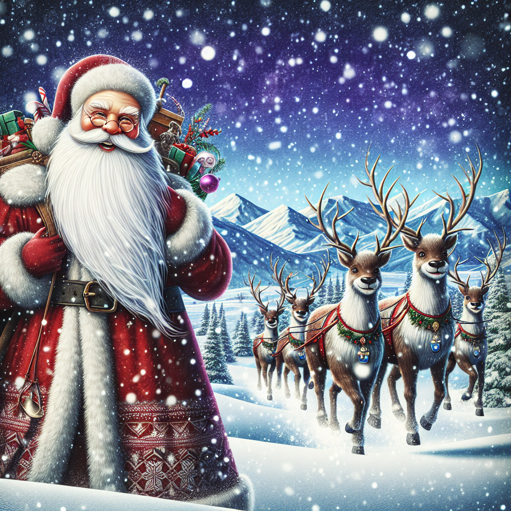 Santa Claus with gifts and reindeer in winter landscape