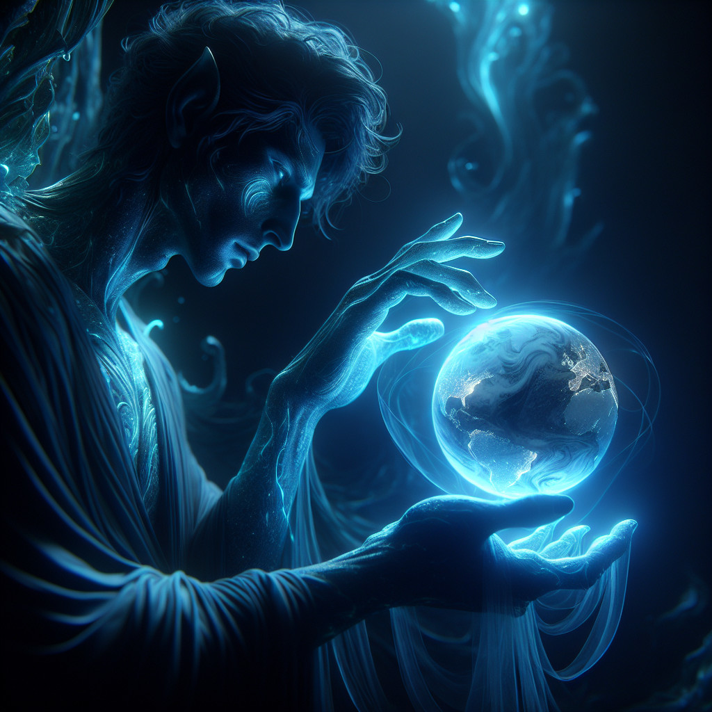 Mystical Figure with Luminous Globe in Blue Light
