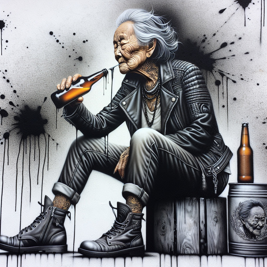 Elderly Woman in Leather Jacket with Beer and Graffiti