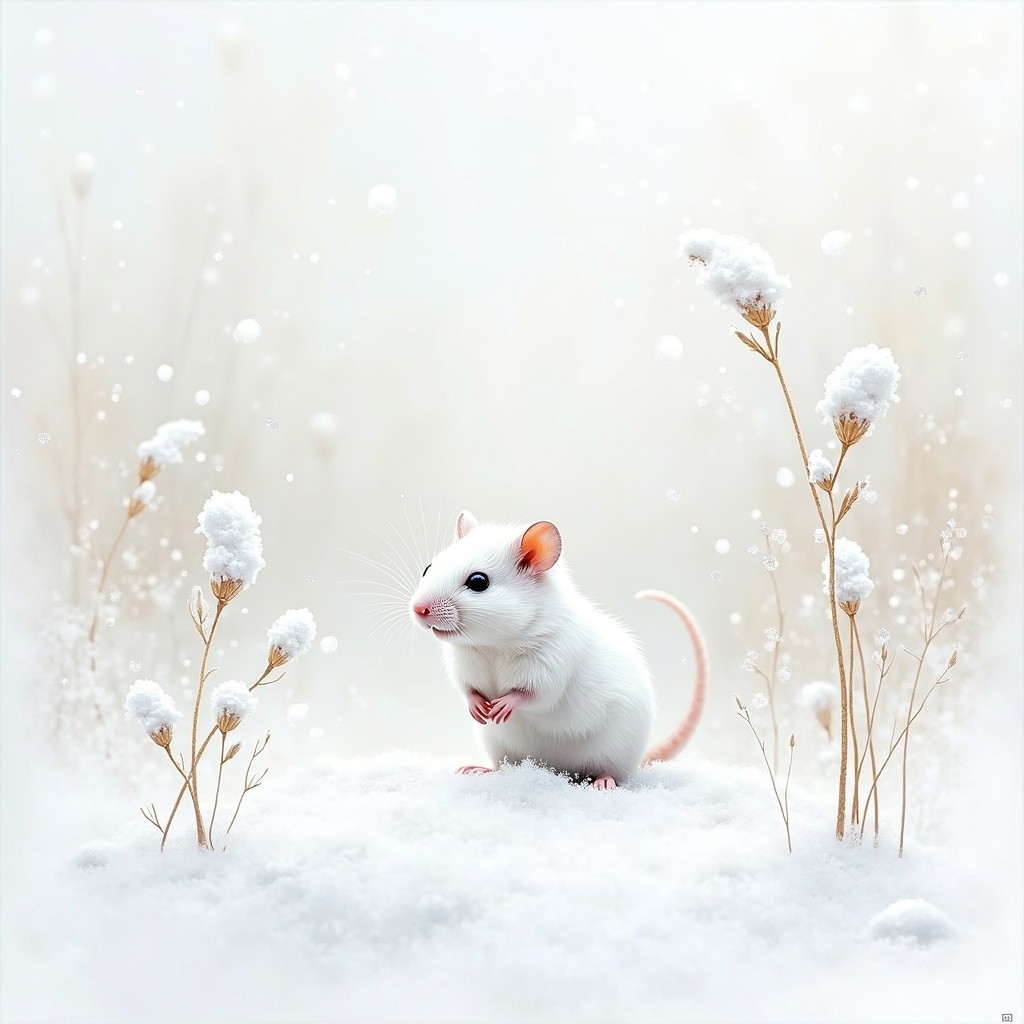 Small White Mouse in Serene Winter Landscape