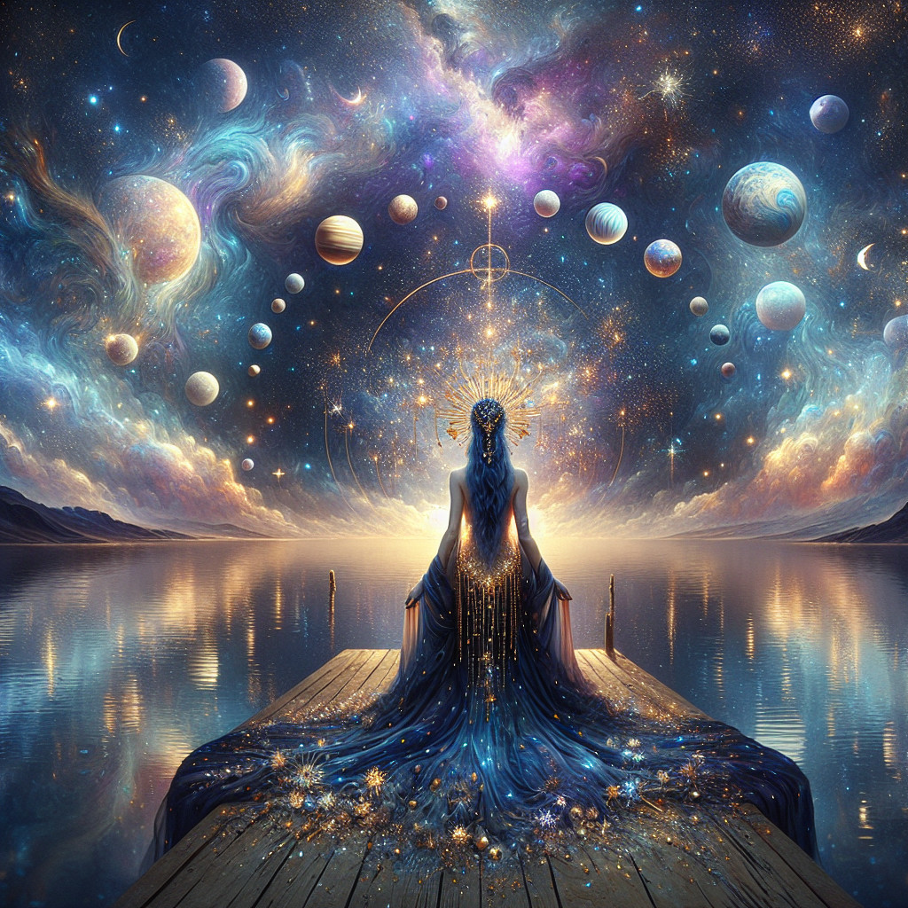 Serene Figure by Tranquil Lake Under Vibrant Galaxies