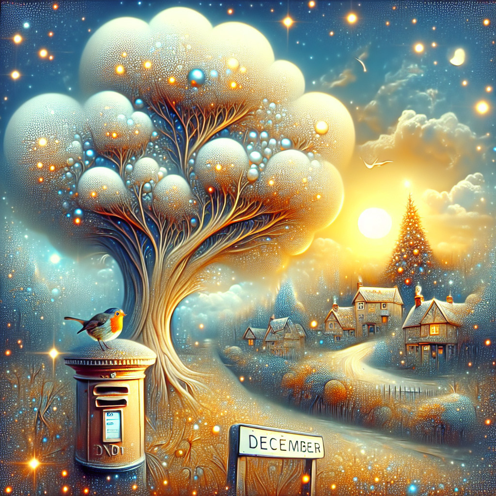 Whimsical Winter Scene with Vibrant Tree and Village