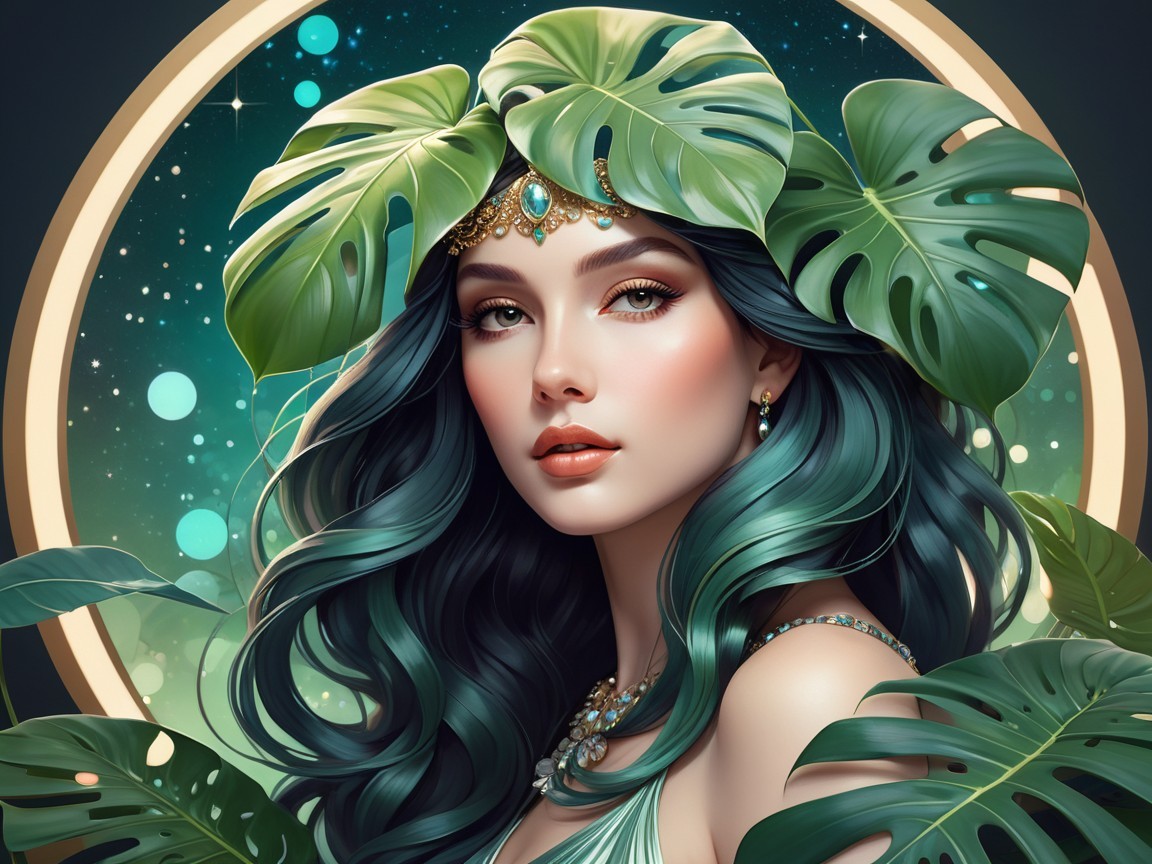 Woman with Teal Hair and Leaves in Ethereal Setting
